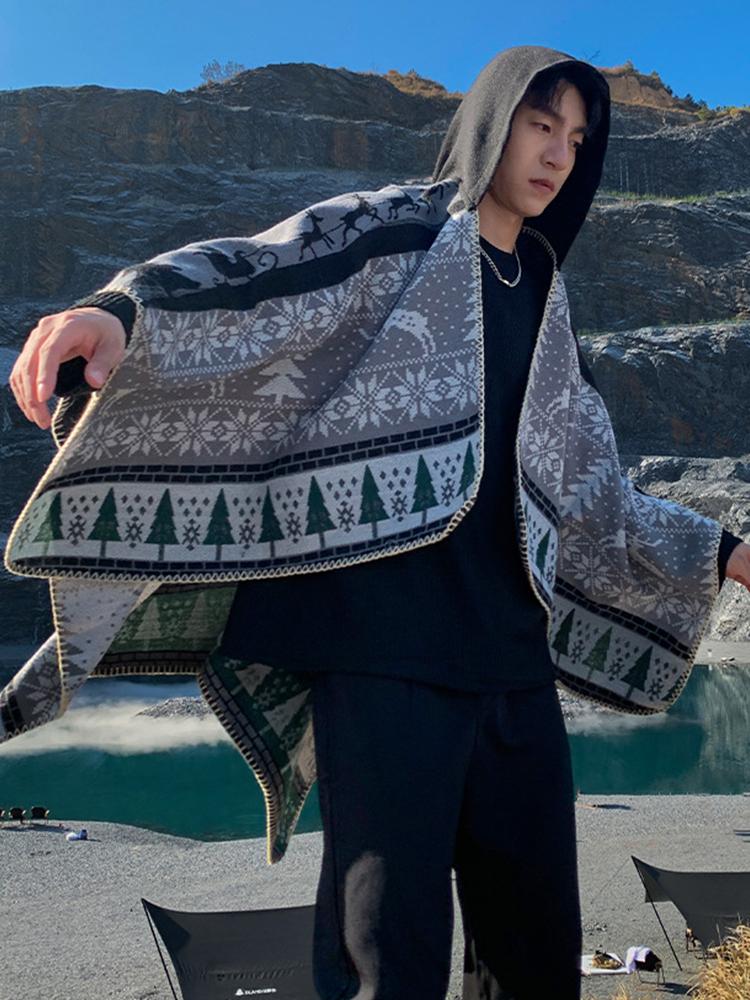 Winter Women Men Scarf Layers Poncho Hooded Retro Print Wraps Shawl Scarve Capa Para Mujer Pashmina Cloak New Unisex Christmas