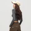2025 Autumn Short T-Shirt Women's Fashion Color Blocked Sexy V-Neck Slim Fit Long-Sleeved Casual Top