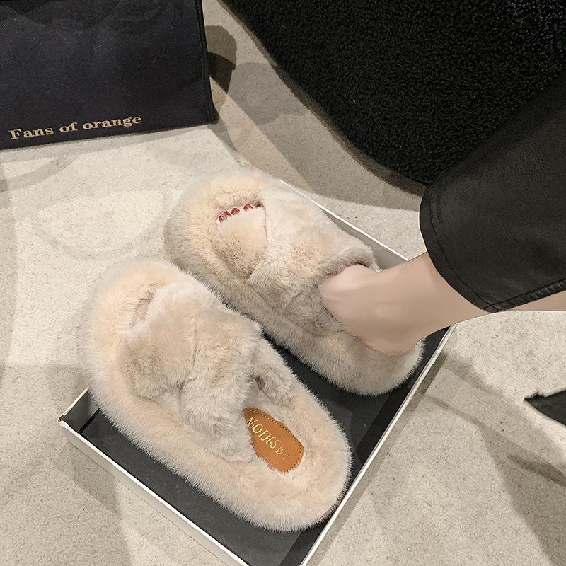 Internet celebrity open-toed fluffy slippers women's autumn and winter new thick-soled non-slip one-word cross-strap cotton slippers