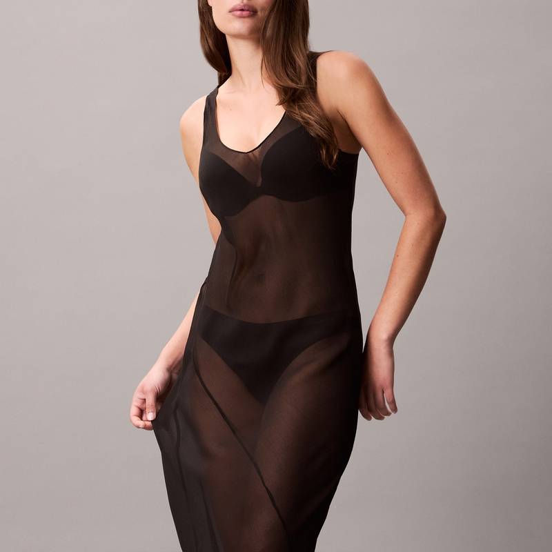 Calvin Klein Ss25 V-Neck Casual Comfortable Simple Sleeveless Nightgown Women Nightgown Space-Black QS7359