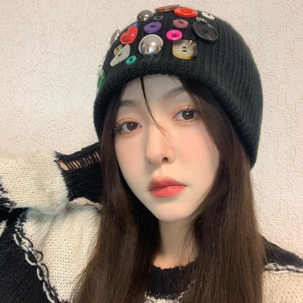 Colorful Button Beanie Hat Cuffed Personality Cold Cap Fashion Knitted Hat