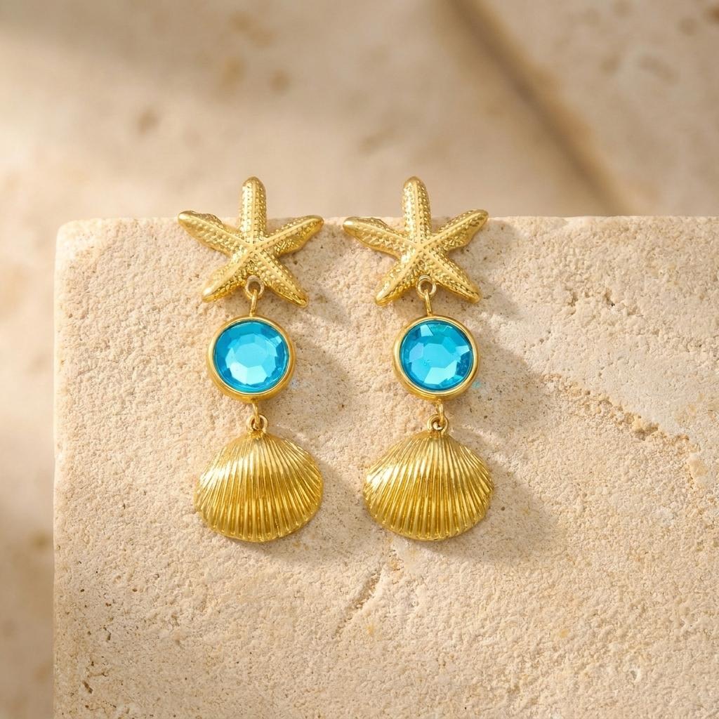 Stainless Steel Starfish Seahorse Dangle Earrings For Women Dainty Blue Rhinestone Seashell Drop Earrings Summer Beach Jewelry