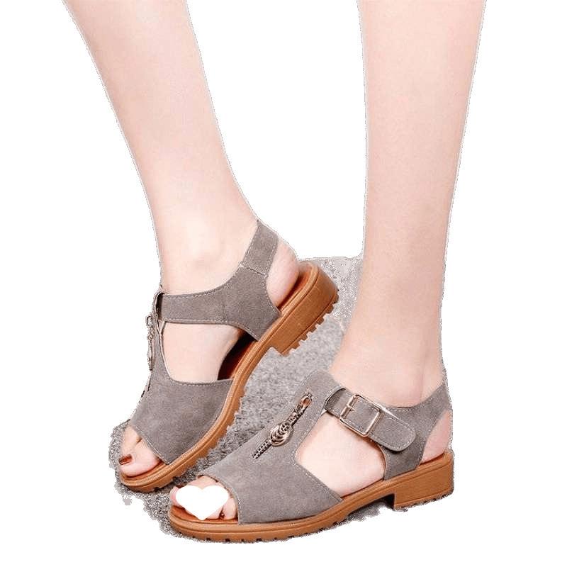 Sandalen Damen Sommer neu Koreanische Version Student Sandalen mit dickem Absatz Zehenfrei einfarbige Schuhe mit Reißverschluss flache Sandalen Damen san