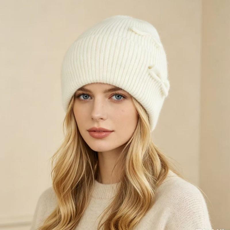 Womens Angora Wool Knit Beanie Hat With Bow Detail Winter Warm Cap High Crown Foldable
