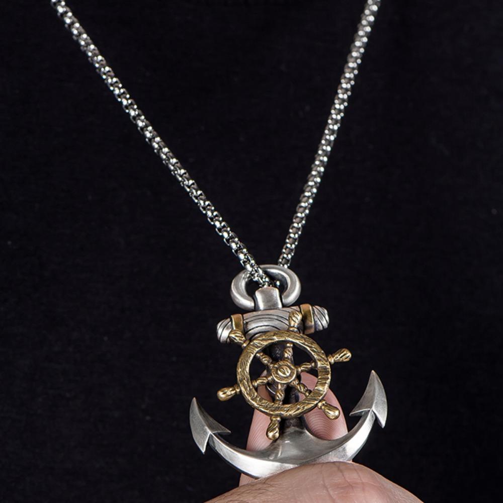 Nuova Collana da Uomo Retrò Nave Pirata Blu Ancora Ciondolo Timone Rotante Punk Moda Gioielli Accessori Regalo