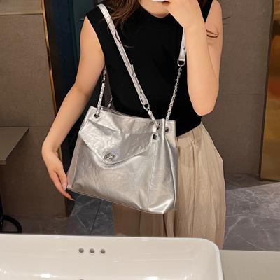 Grands sacs fourre-tout argentés pour femmes, double sangle, couleur unie, souple, grande capacité, sac à bandoulière de luxe de créateur