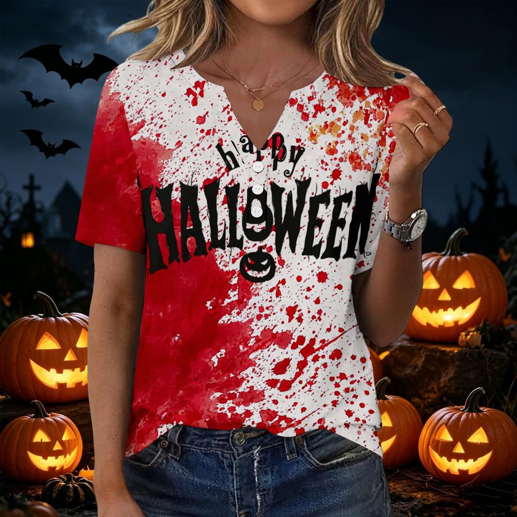 Women Casual V Neck Button Front Halloween Print T Shirt Top Three Quarter Sleeve Lightweight Soft Fabric Relaxed Fit