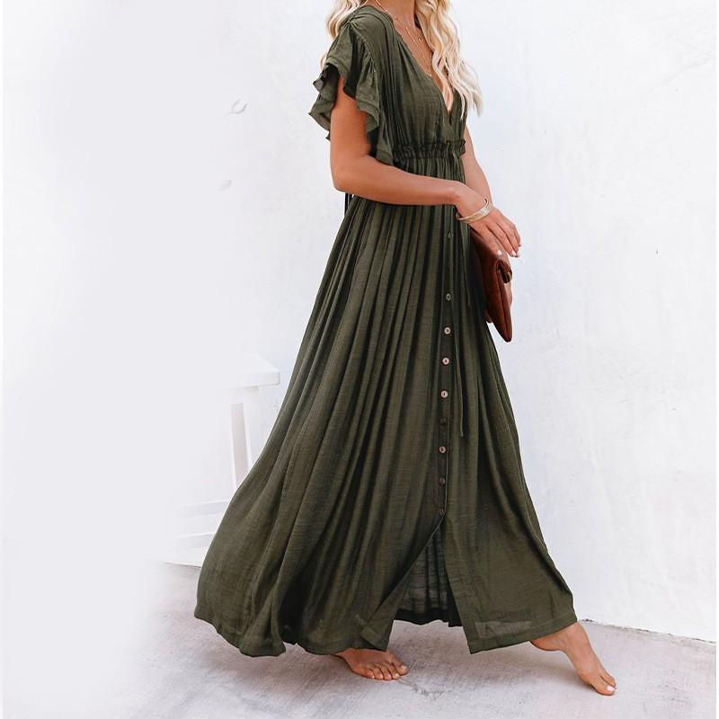 Mode Kurzarm Tiefer V-Ausschnitt Locker Maxi Langes Kleid Damen Einfarbig Elegant Strand Sonnenschutz Party Hemdkleid Schnürung Lässig Schlichte Kleidung
