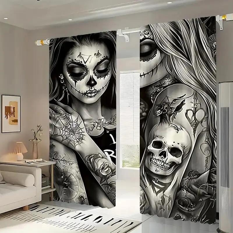 Halloween Gothic Dunkles Muster Bedruckte Vorhänge Fensterdekorationen Wohnzimmer Vorhang Aus Polyester