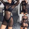 European and American Large-size Mesh Yarn Body Wrap Perspective Slim Long-sleeved Erotic Underwear Hip Wrap Temptation Sexy Black Light Base