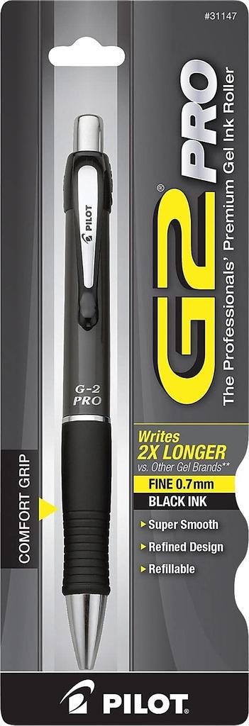 Pilot G2 Pro Retractable Gel Ink Roller Ball Fine Gray Black Ink Pen, Point, Barrel, (31147)
