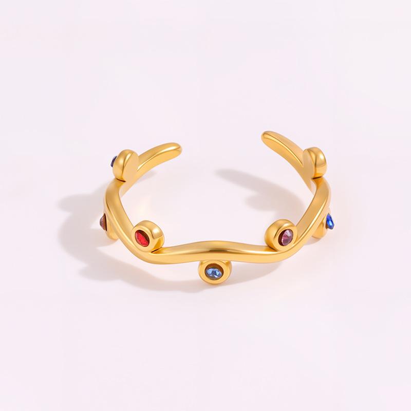 New Rainbow Zirconia Leaf Ring - Exclusive High-end Couple s Titanium Steel Open-ended Finger Ring Golden - Colored Diamond