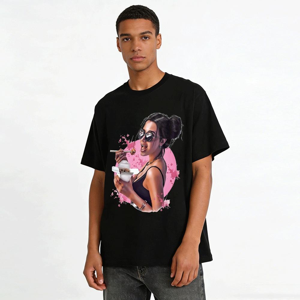 Cool Asian Girl Food Print T-shirt Street Style Casual Top Pure Cotton T-shirt