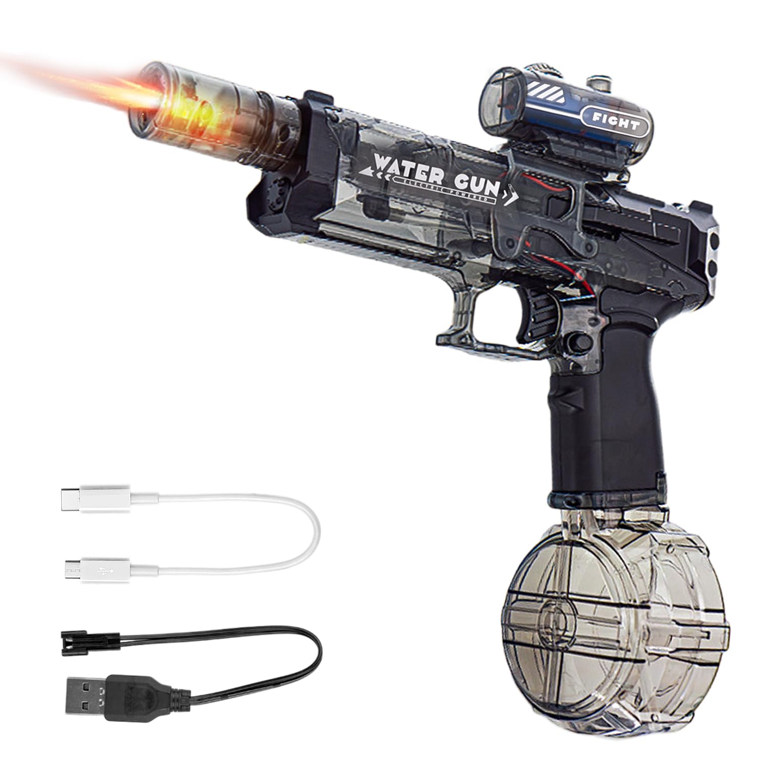 

Электрический водяной пистолет, который загорается в момент выстрела Супер мощная дальность полета Отдача Электрический скорострельный Большая емкость Легкая вода Вода Вода чёрный