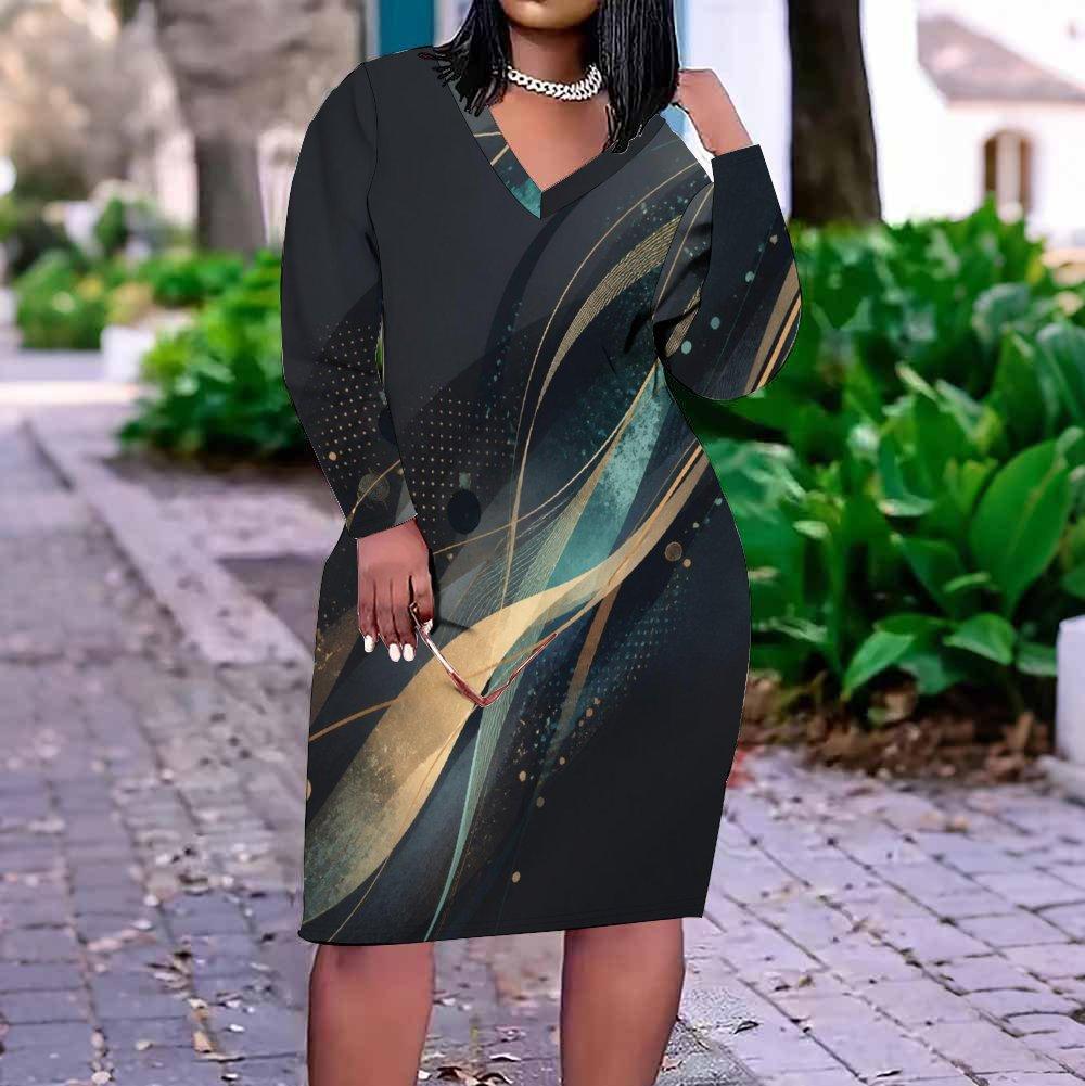 Women Plus Size V Neck Long Sleeve Black Printed Fitted Dress