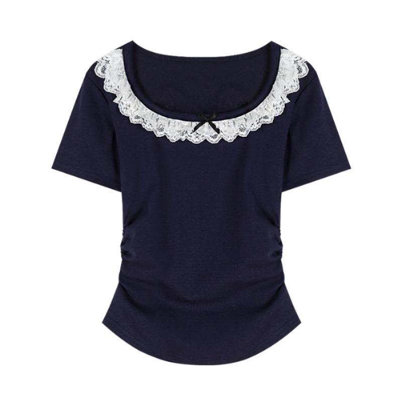 

Летняя женская новая кружевная футболка с садовым воротником, облегающая, с коротким рукавом S темно-синий
