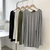 Modal Backless Long Sleeve Front Slit T-Shirt for Women - Plus Size, Solid Color, Round Neck Dancewear Top