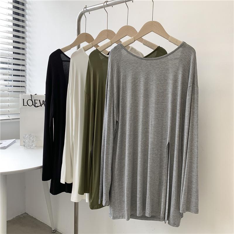 Modal Backless Long Sleeve Front Slit T-Shirt for Women - Plus Size, Solid Color, Round Neck Dancewear Top