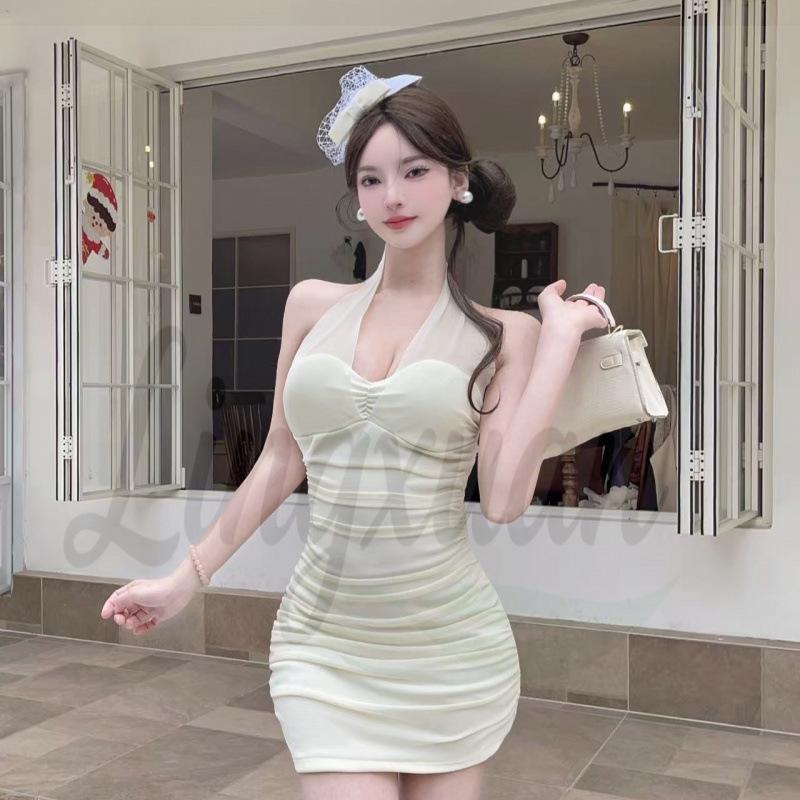 Pure Desire Halter Neck Sleeveless High Waist Slim Fit Tank Dress Large абрикосовый