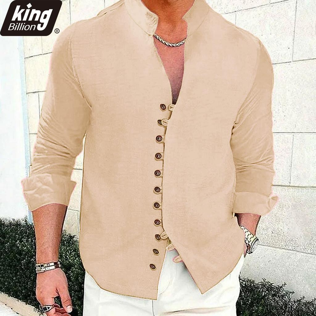 Men's Linen Blend Mandarin Collar Shirt - Asymmetric Button Placket Long Sleeve Casual Lightweight Summer Beach & Daily Top
