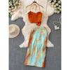 Summer Dopamine Sling Vacation Style Gradient Orange Tie-Dye Skirt Knotted Design Niche Style Long Skirt Two-piece Set