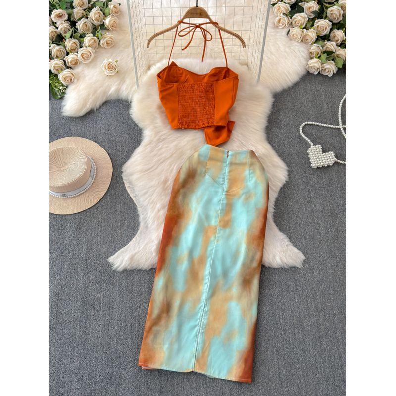 Summer Dopamine Sling Vacation Style Gradient Orange Tie-Dye Skirt Knotted Design Niche Style Long Skirt Two-piece Set