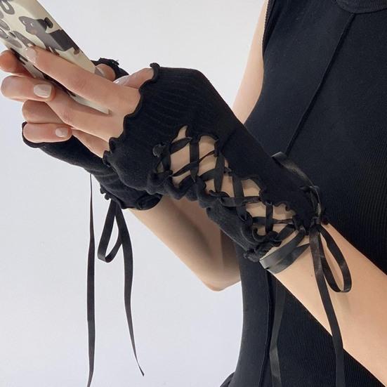 Women Retro Fingerless Gloves Gothic Lace Arm Sleeves with Straps Ruffled Lace-up Wrist Cuffs for Cosplay Prom Daily Wear