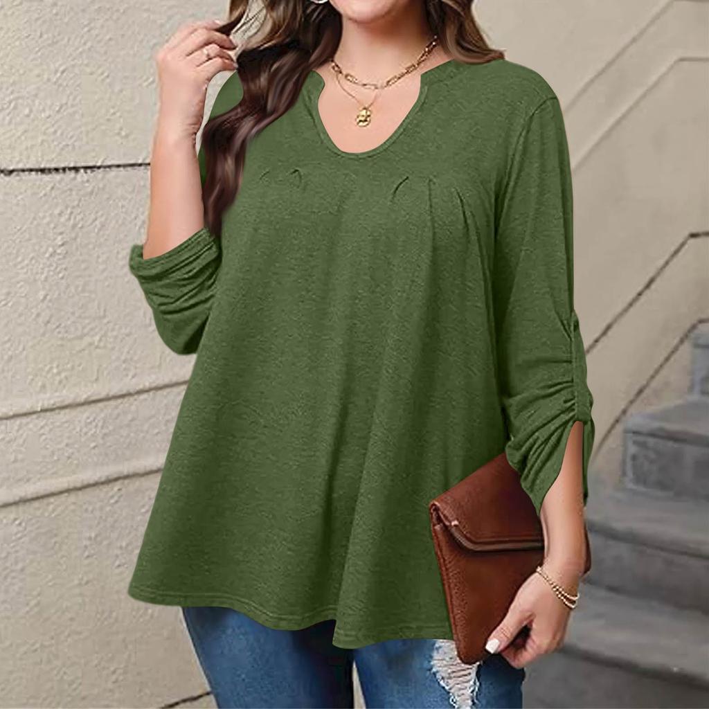 Dámská móda plus size Jednobarevný ležérní plisovaný top s kulatým výstřihem a dlouhým rukávem