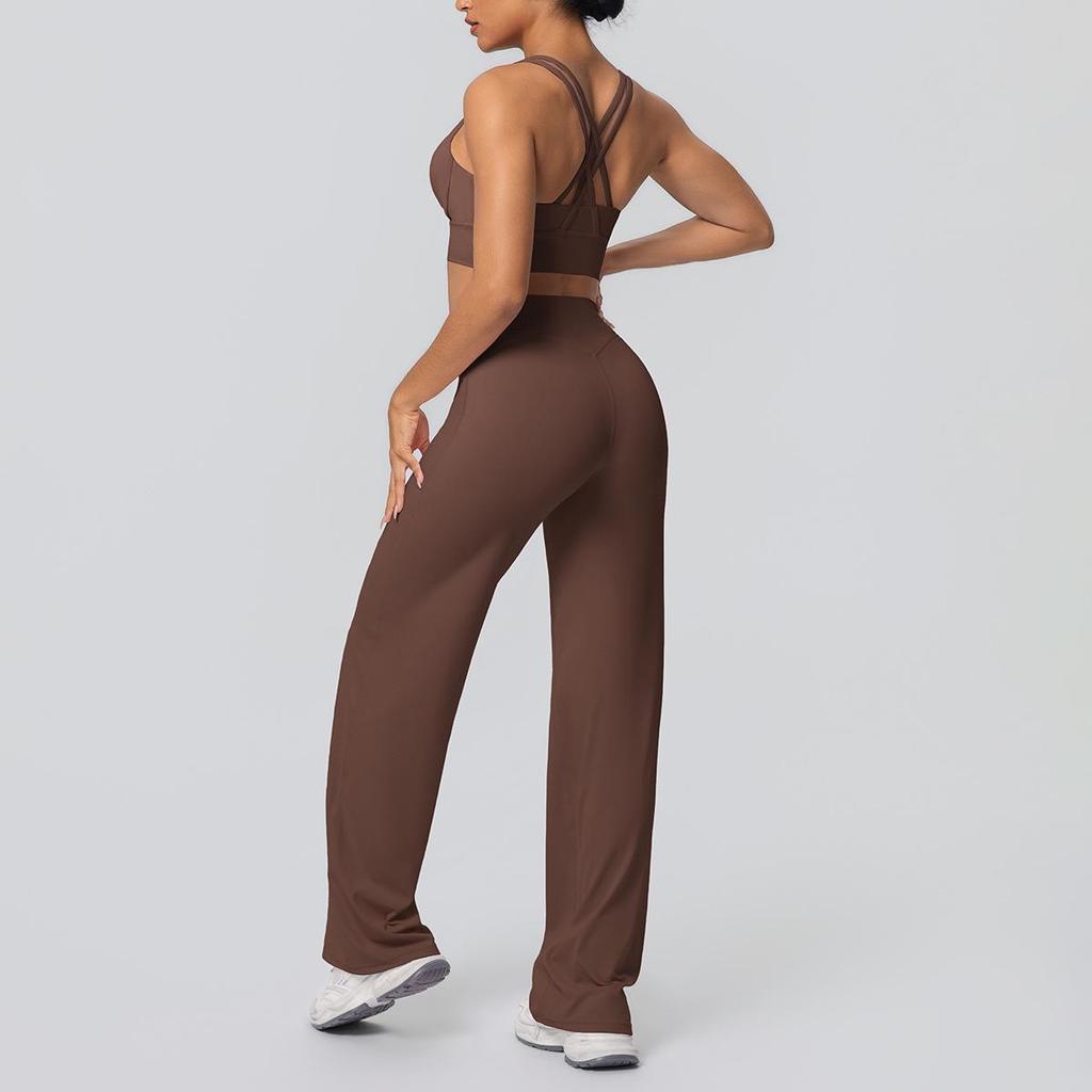 Shockproof Cross Back Running Bra & High Waist Wide Leg Yoga Pants
