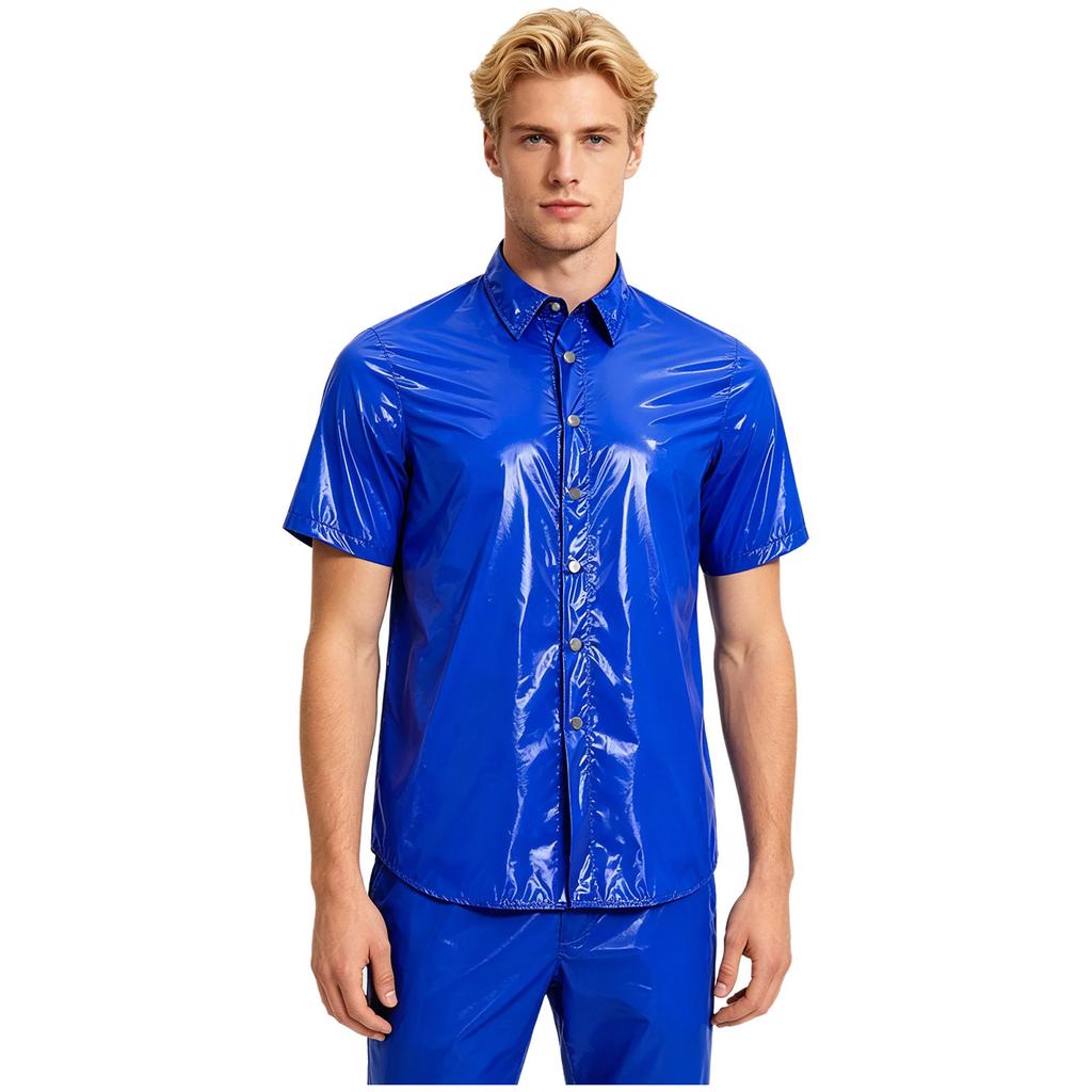 Men‘s Waterproof Button Front Shirt Short Sleeve Wet Look T-Shirt for Rainy Days Beach Club Camping Fishing