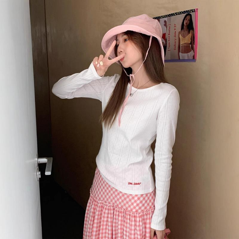 

Korean Style White Jacquard Textured Round Neck Long Sleeve Women s Spring and Summer Slim Fit Embroidered Top L білий