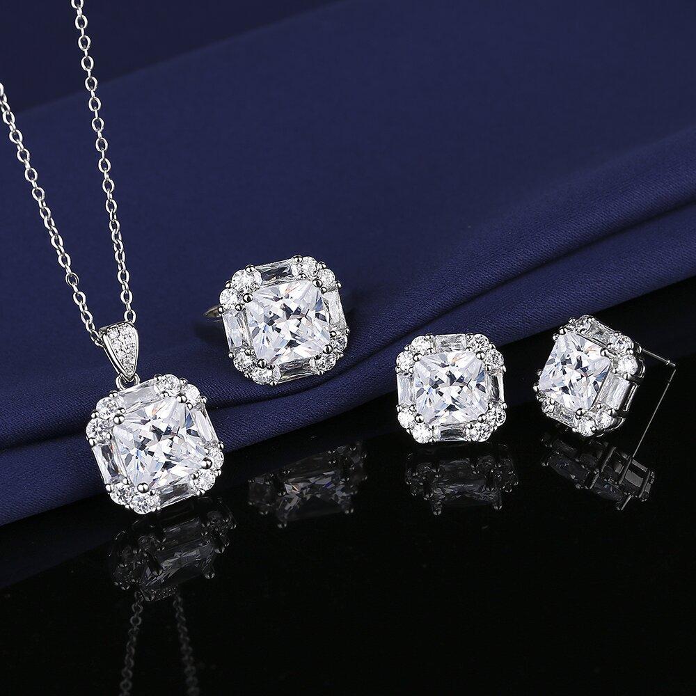Five Carat Square Luxury Zircon Wedding Three-Piece Set Necklace Earrings Ring Jewelry Ring Size:Adjustable