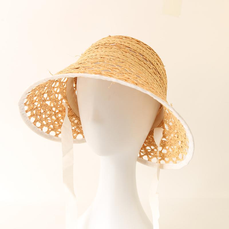 

INS Fashion Breathable Hollow Woven Raffia Sun Hat for Women Summer Roll-Edge Ribbon Beach Straw Hat белый