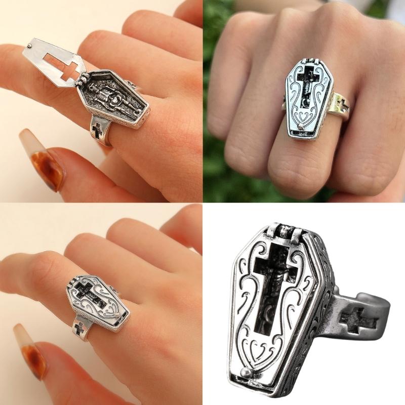 Openable Skeleton Coffin Crosses Rings Stylish Skull Coffin Rings Distinctive Finger Rings Accessories for Gatherings