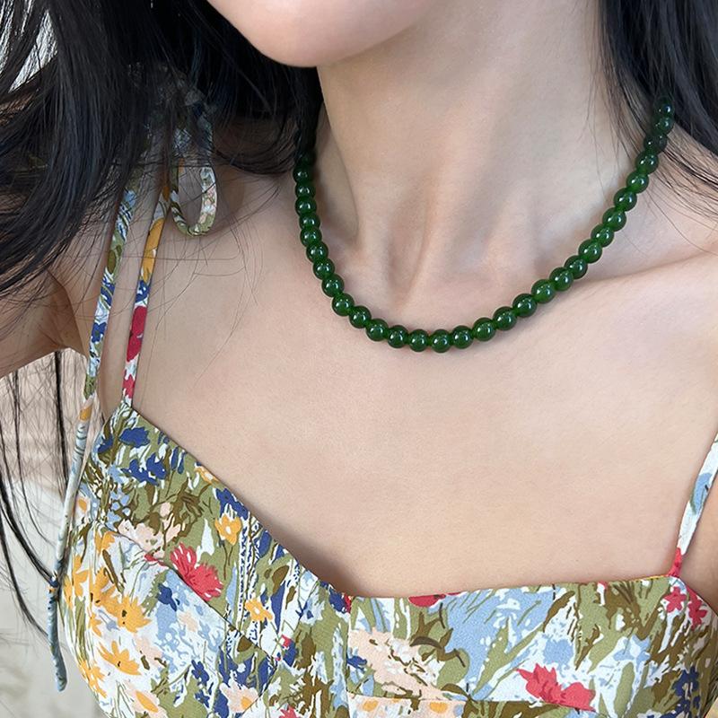 New Chinese style green agate beaded necklace female fresh and white temperament simple personality versatile neck chain collarbone chain