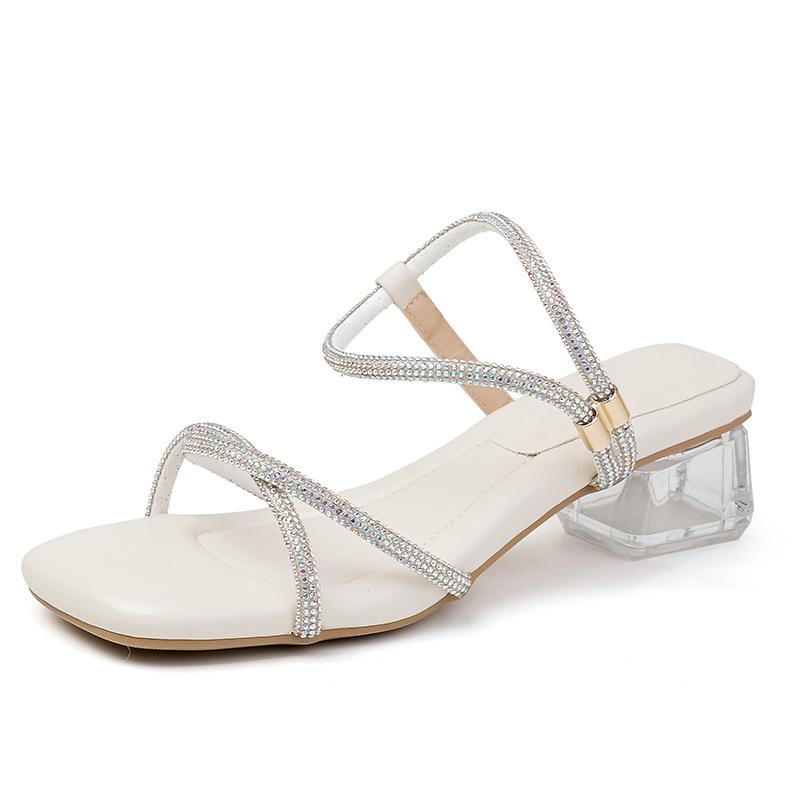 Fashion cross band clear heel sandals women soft bottom summer shoes med-high heels party shoes crystal strap sandalias mujer 2025