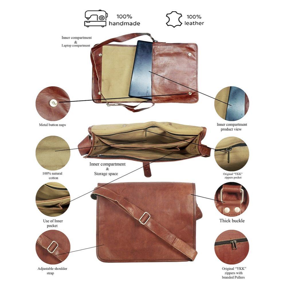 Leather Laptop Bag | Handmade Goat Leather Messenger Satchel | Vintage Crossbody Office Bag for Men & Women | Leather Briefcase