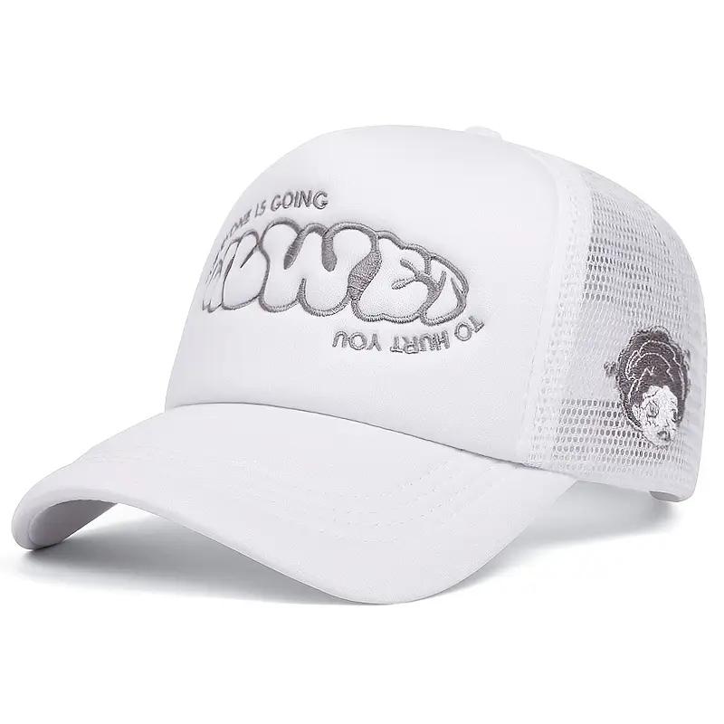 A Little Girl with a Crying Face, a Sponge Embroidered Baseball Cap, a Men's and Women's Outdoor Mesh Baseball Cap for Casual