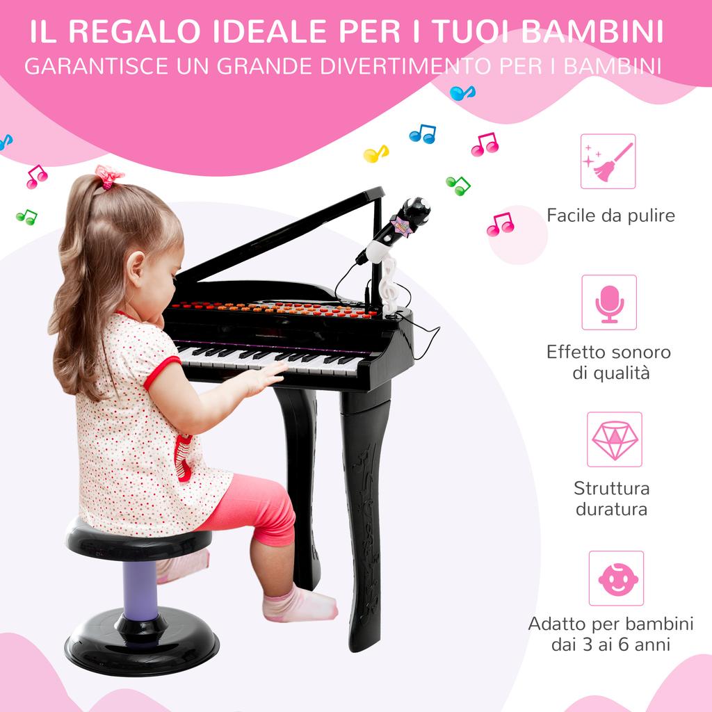 37 Keys Kids Mini Electronic Keyboard Children Grand Piano with Stool Microphone Light Musical Instrument Educational Game Toy Set (Black)
