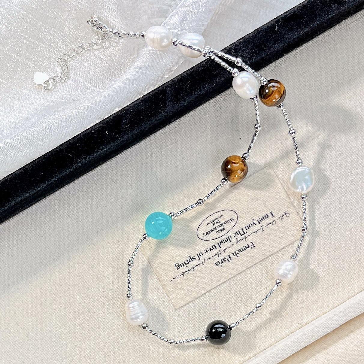 Summer Colorful Natural Tiger S Eye Stone Freshwater Pearl Tianhe Stone Design Necklace Clavicle Chain