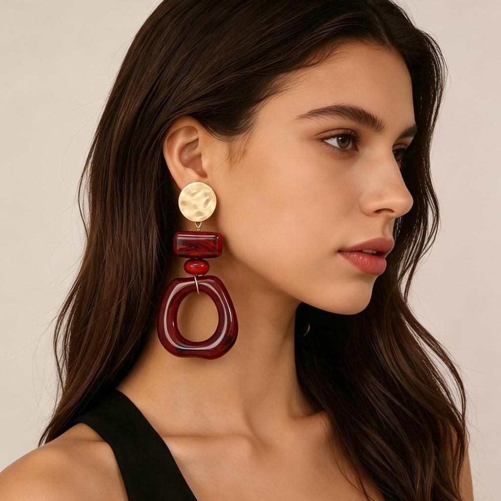 Vintage Red Geometric Circle Earrings with Hammered Texture