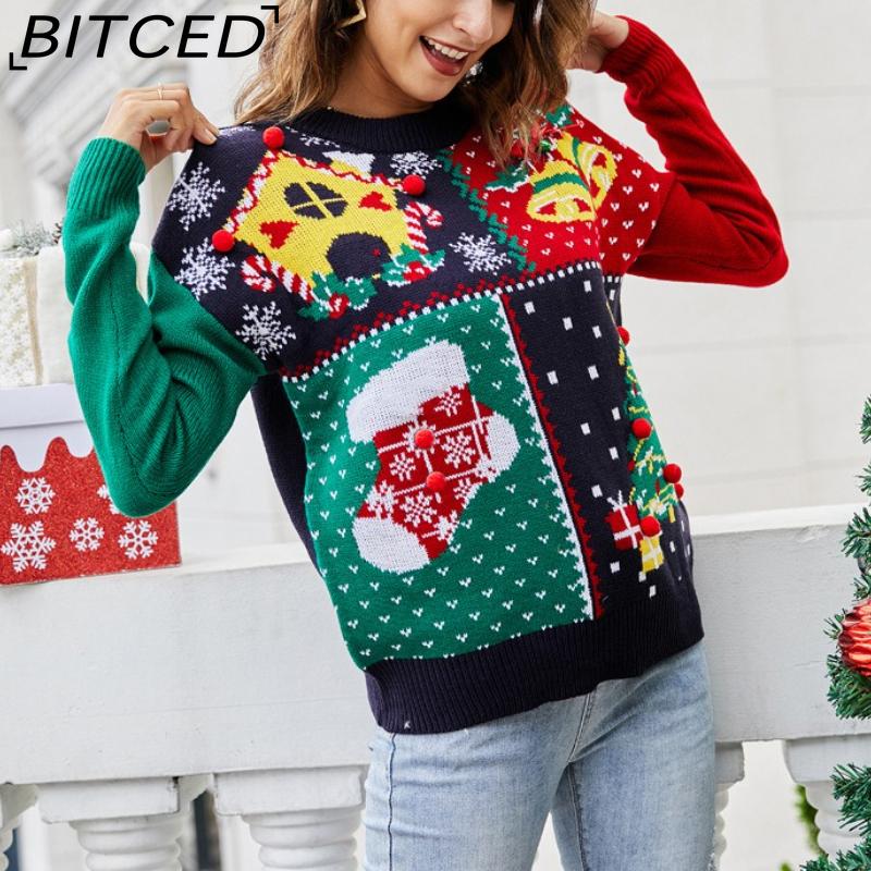 BITCED Women's Snowflake Christmas Jumper Christmas Tree Pullover Knit Sweater Festive Attire