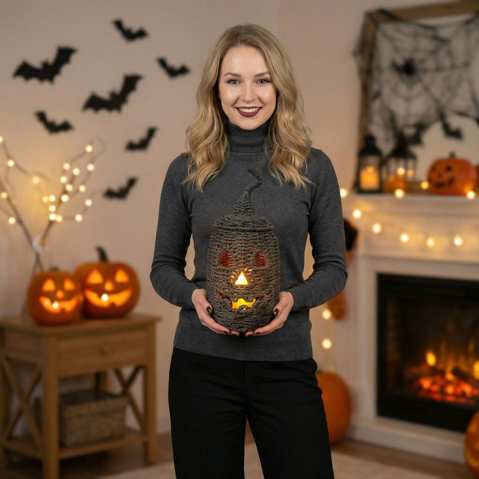 Handwoven Pumpkin Lantern with LED Light O Lantern Design for Indoor Outdoor Halloween Decoration Display One Size