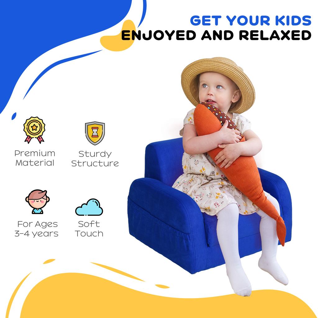 2 In 1 Kids Armchair Sofa Bed Fold Out Padded Wood Frame Bedroom Blue