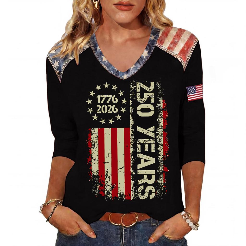 Womens Casual V Neck Top 250 Years 1776 2026 Printed Loose Fit Shirt Half Sleeve Patriotic Graphic Tee Comfortable Pullover