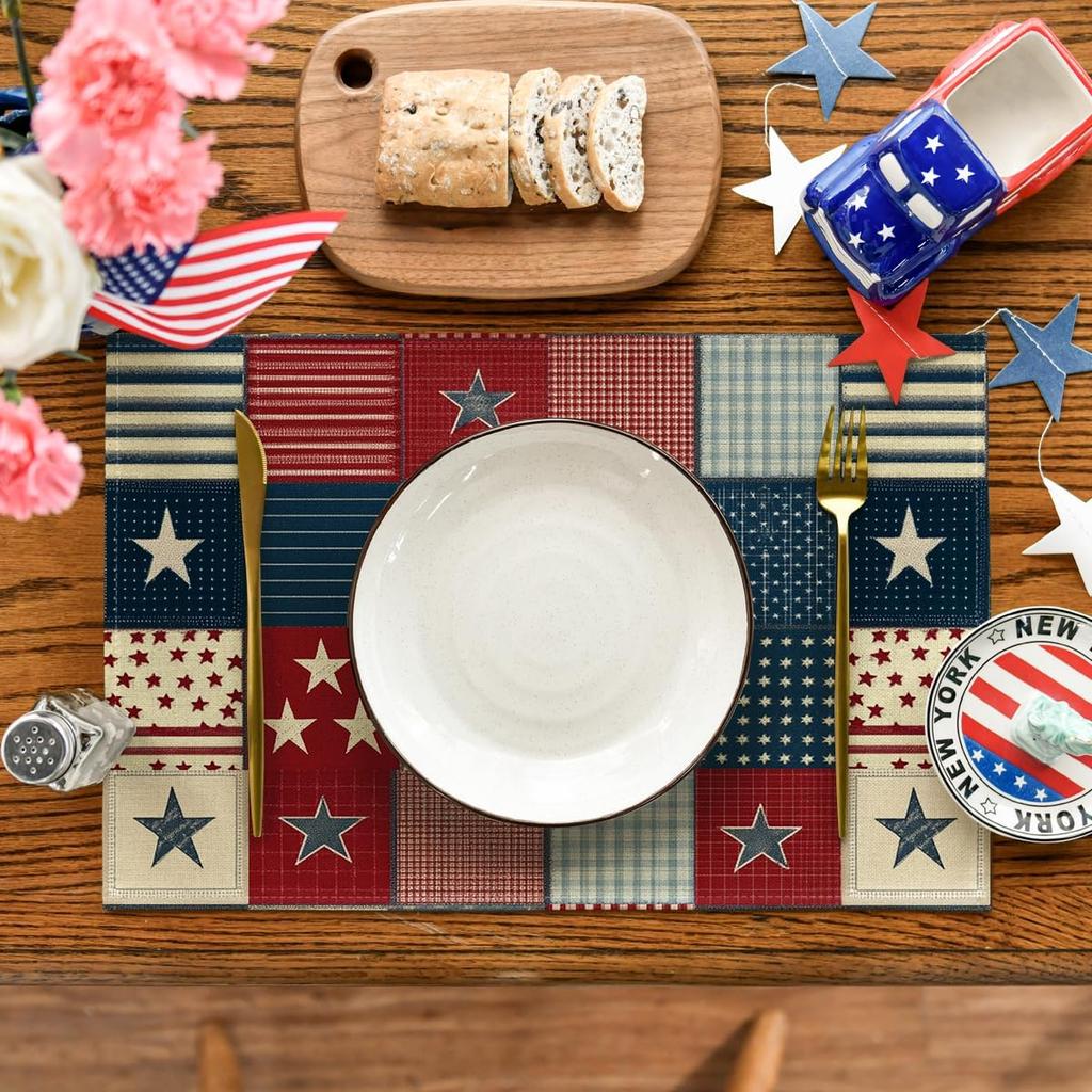 Stars American Flag 4th of July Placemats Set of 4, 12x18 Inch Memorial Day Patriotic Table Mats for Party Kitchen Dining Decoration