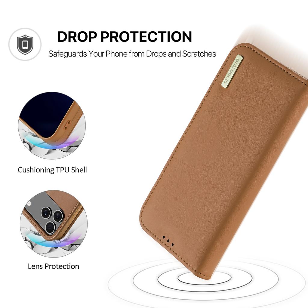 Für iPhone 17 Pro Max Hülle DUX DUCIS Hivo Serie Rindsleder RFID-Blockierendes Wallet Ständer Klapphülle