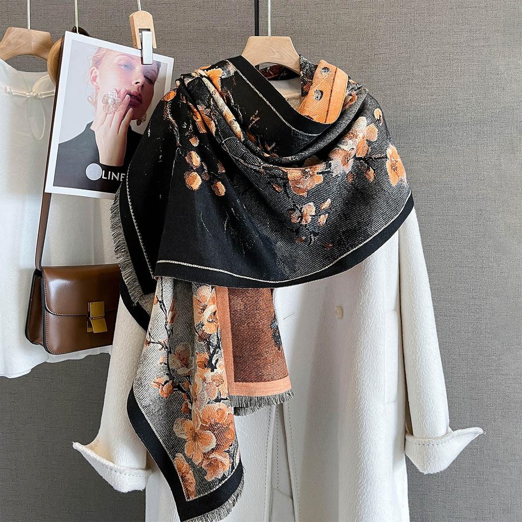 Autumn/Winter Luxury Warm Scarf Plum Print Tassel Pashmina Shawl Women's Imitation Cashmere Thickened Warps Coldproof Blanket