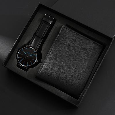 2PCS Set GENEVA Fashion Men's Watch Luxury Men's Calendar Leather Strap Quartz Watch Casual Men's Watch&Black Wallet Men's Gifts