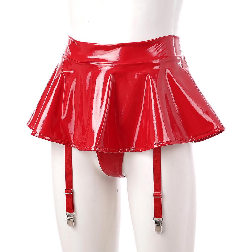 Dámské Wet Look Lakovaná kožená sukně Volánková Vestavěná tanga Podvazkové pásky Kovové spony Minisukně Party Clubwear